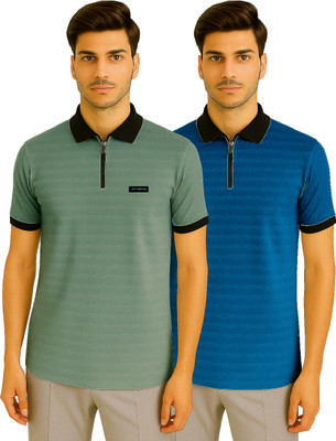 RMLKN Striped Men Zip Neck Multicolor T-Shirt