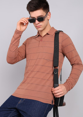 INKKR Striped Men Polo Neck Pink T-Shirt