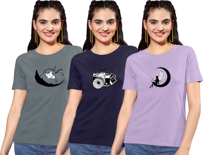 ZentWorld Graphic Print Women Round Neck Grey, Navy Blue, Purple T-Shirt