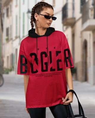 EyeBogler Printed Women Hooded Neck Red T-Shirt