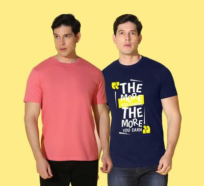 WOOSTRO Solid, Typography Men Round Neck Blue, Pink T-Shirt