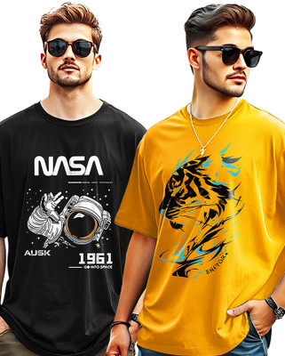 AUSK Printed Men Round Neck Yellow, Black T-Shirt