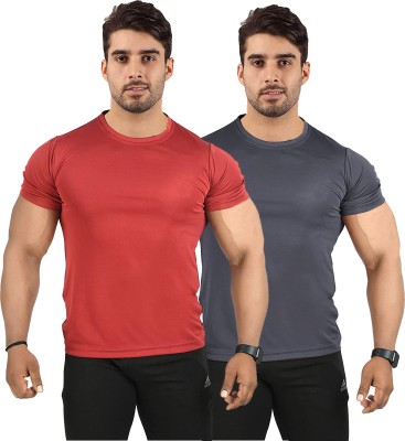 UDI n ADI Solid Men Round Neck Maroon, Grey T-Shirt