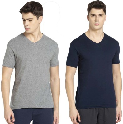 JOCKEY Solid Men V Neck Grey, Dark Blue T-Shirt