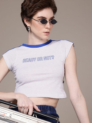 Roadster Printed Women Round Neck Blue T-Shirt