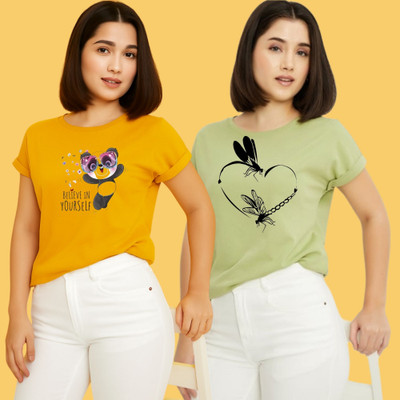 Kintu Parantu Printed Women Round Neck Yellow, Green T-Shirt