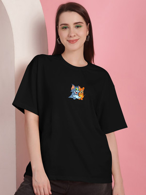 parthcreation Printed Women Round Neck Black T-Shirt