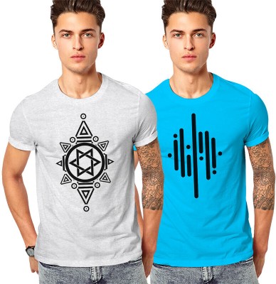 FADMARK Printed Men Round Neck Grey, Blue T-Shirt