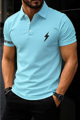 HilGar Printed Men Polo Neck Blue T-Shirt