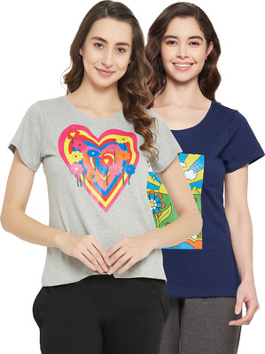 Clovia Printed Women Round Neck Multicolor T-Shirt