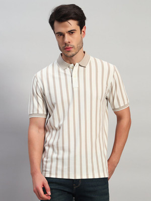 CANTABIL Striped Men Polo Neck Beige T-Shirt