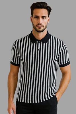 HouseOfCommon Striped Men Polo Neck Black T-Shirt