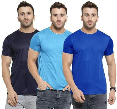lalita creation Solid Men Round Neck Navy Blue, Light Blue, Blue T-Shirt