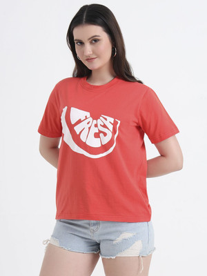 CHARMGAL Graphic Print, Printed Women Round Neck Orange T-Shirt