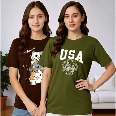 Elvia Graphic Print Women Round Neck Brown, Green T-Shirt