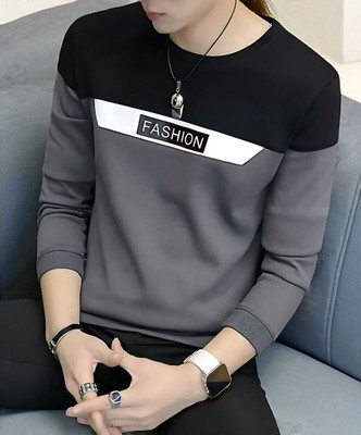 FASHIUM Colorblock Men Round Neck Grey T-Shirt