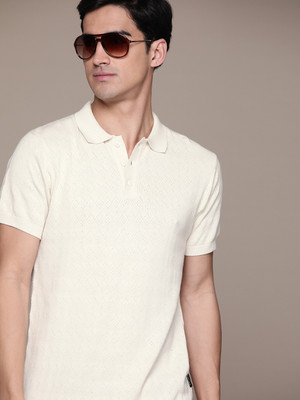 Roadster Self Design Men Polo Neck White T-Shirt
