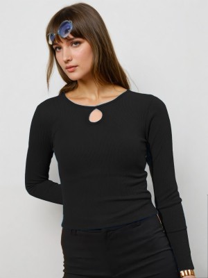 fashionx Solid Women Key Hole Neck Black T-Shirt