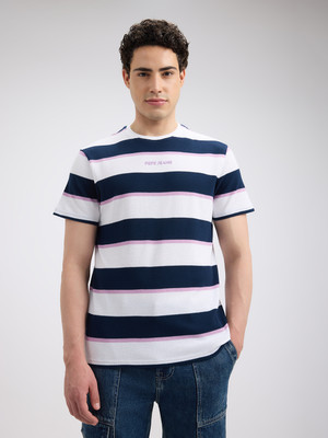 Pepe Jeans Striped Men Crew Neck Blue T-Shirt