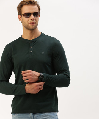 Hereafter Solid Men Henley Neck Dark Green T-Shirt