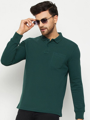 98 Degree North Solid Men Polo Neck Dark Green T-Shirt