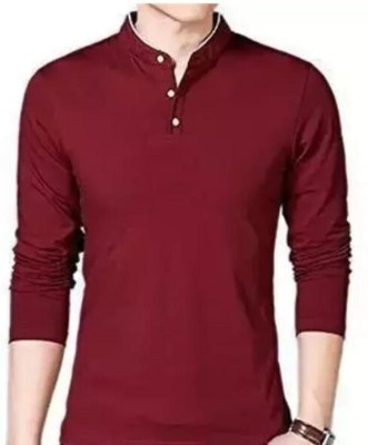 ApheFashion Solid Men Mandarin Collar Maroon T-Shirt