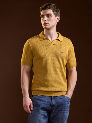THE BEAR HOUSE Self Design Men Polo Neck Yellow T-Shirt