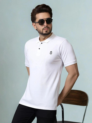M TEX Solid Men Polo Neck White T-Shirt