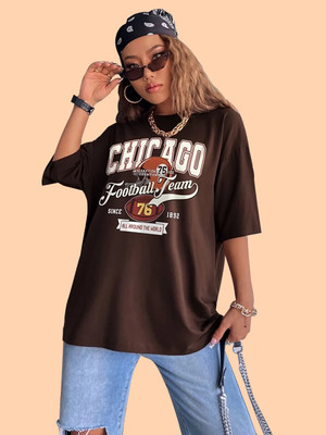 METRONAUT Printed Women Round Neck Brown, White T-Shirt