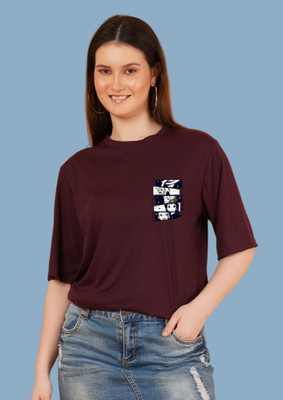 Parona Cartoon, Solid Women Round Neck Maroon T-Shirt