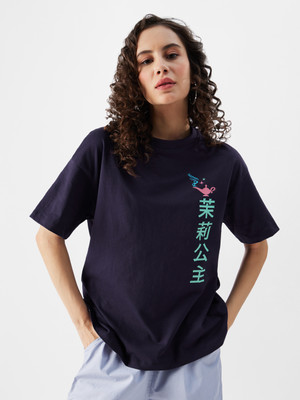 The Souled Store Graphic Print Women Round Neck Navy Blue T-Shirt