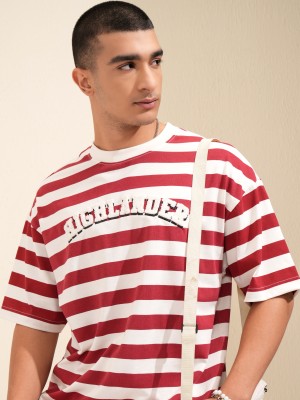 HIGHLANDER Striped Men Round Neck White T-Shirt