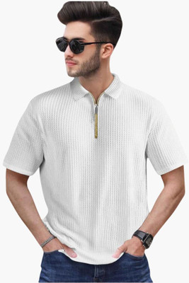 TOIX Self Design Men Zip Neck White T-Shirt