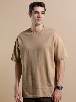 LazyGreg Solid Men Round Neck Beige T-Shirt