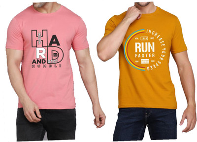 WOOSTRO Printed Men Round Neck Pink, Yellow T-Shirt