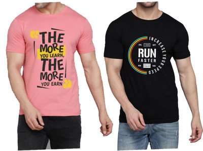 WOOSTRO Printed Men Round Neck Pink, Black T-Shirt