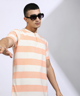 HIGHLANDER Striped Men Henley Neck White T-Shirt