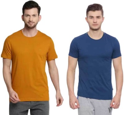 VAN HEUSEN Solid Men Round Neck Yellow, Dark Blue T-Shirt