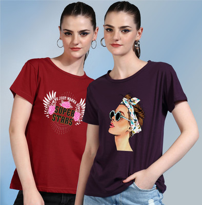 METRONAUT Printed Women Round Neck Purple, Red T-Shirt