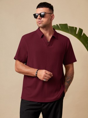 Madfrog Striped Men Polo Neck Maroon T-Shirt