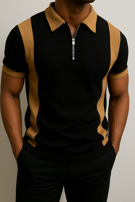 Try This Colorblock Men Zip Neck Black T-Shirt
