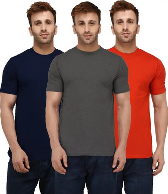 Brainbees Solid Men Round Neck Grey, Dark Blue, Orange T-Shirt
