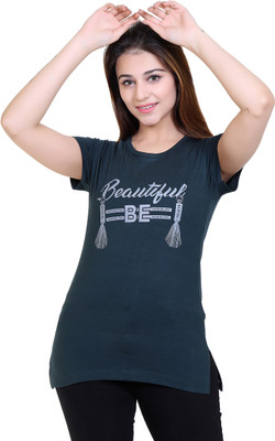 HESHEL Printed Women Round Neck Dark Blue T-Shirt