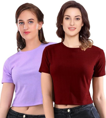 Allergo Solid Women Round Neck Maroon, Light Blue T-Shirt