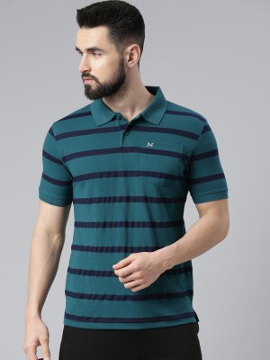 Force NXT Striped Men Polo Neck Dark Green, Navy Blue T-Shirt