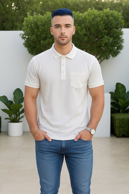 RR Solid Men Polo Neck White T-Shirt