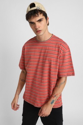 FOREVER 21 Striped Men Round Neck Red T-Shirt