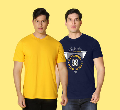 WOOSTRO Printed, Solid Men Round Neck Yellow, Blue T-Shirt