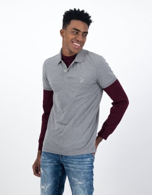 American Eagle Solid Men Polo Neck Grey T-Shirt