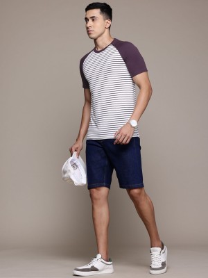 Roadster Striped Men Round Neck White T-Shirt